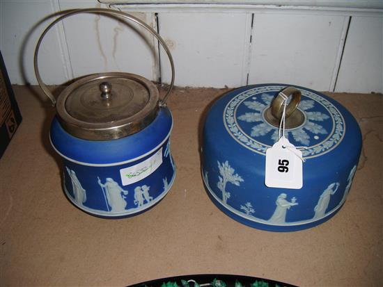 Wedgwood blue Jasper cheese dish cover and a similar biscuit barrel(-)